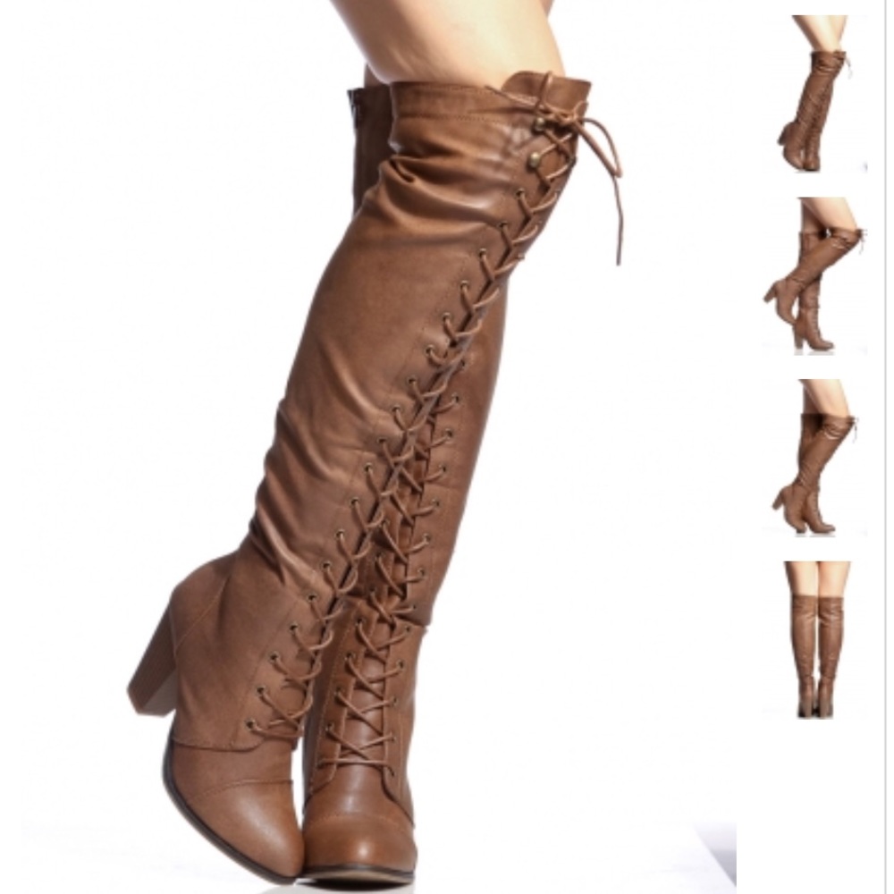 Tan Lace Up Thigh High Fashion Boots